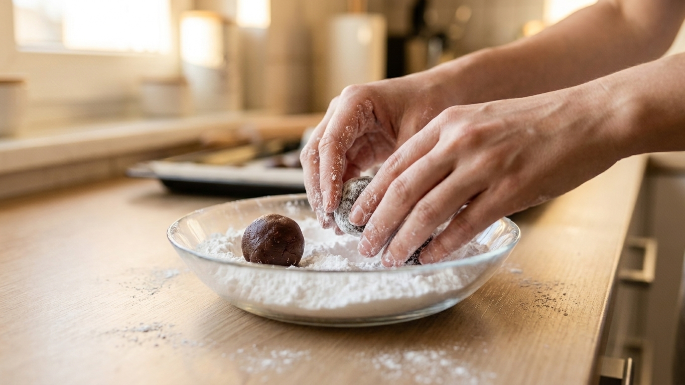 Hands rolling chocolate cookie dough balls in powdered sugar in a shallow bowl on a kitchen counter
