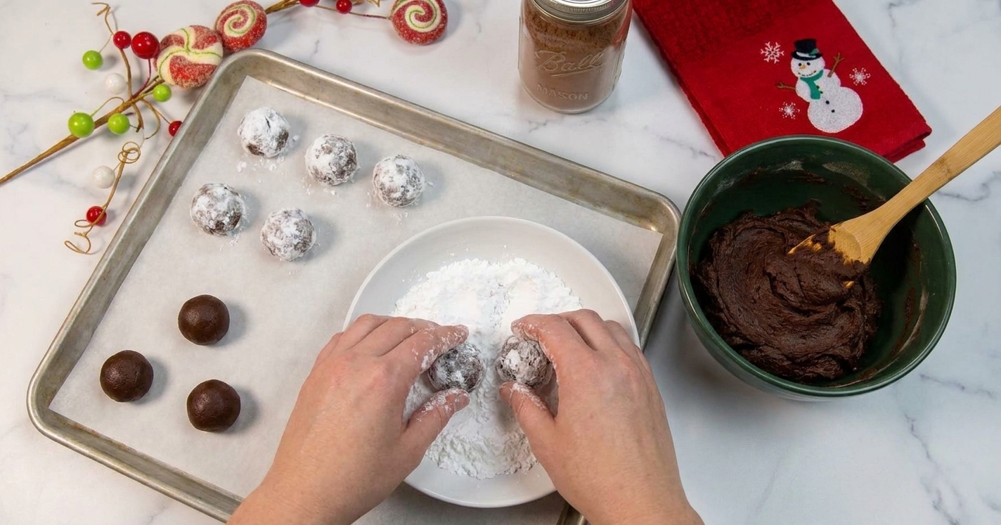 Hands rolling chocolate cookie dough balls in powdered sugar over a shallow bowl on a kitchen counter