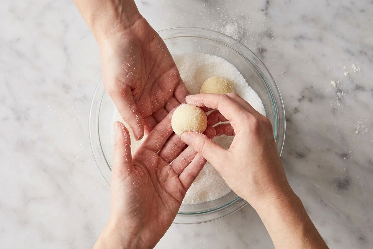 Hands rolling cookie dough balls in a shallow bowl of sanding sugar on a kitchen counter