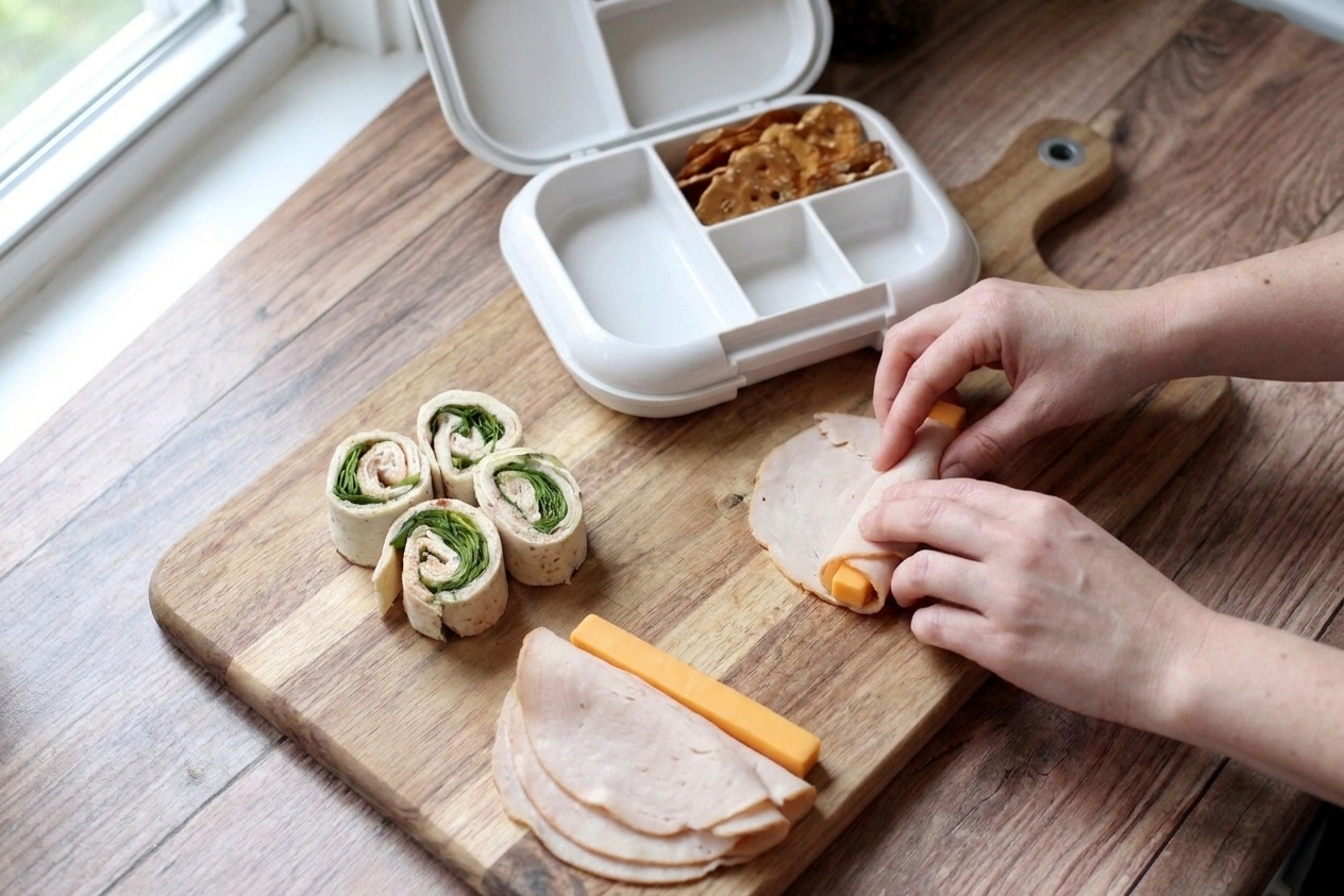 Hands rolling deli turkey around cheese to make simple turkey pinwheels for a lunchbox