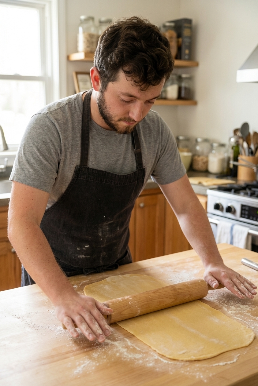 Hands rolling egg noodle dough with a wooden rolling pin on a lightly floured countertop, dough sheet partly rolled out into a thin rectangle, natural kitchen light, photorealistic