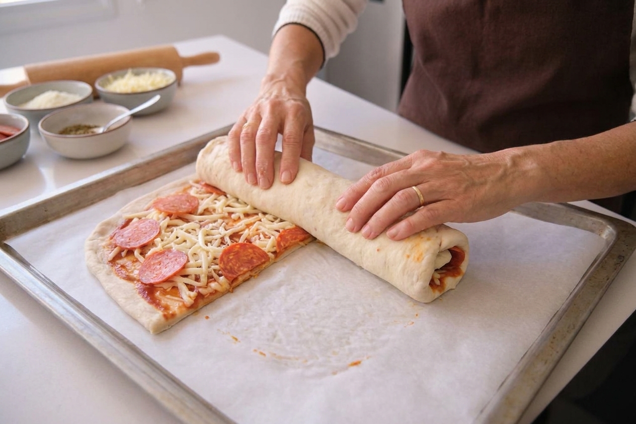 Hands rolling filled pizza dough into a tight log on parchment paper, with cheese and pepperoni visible before sealing