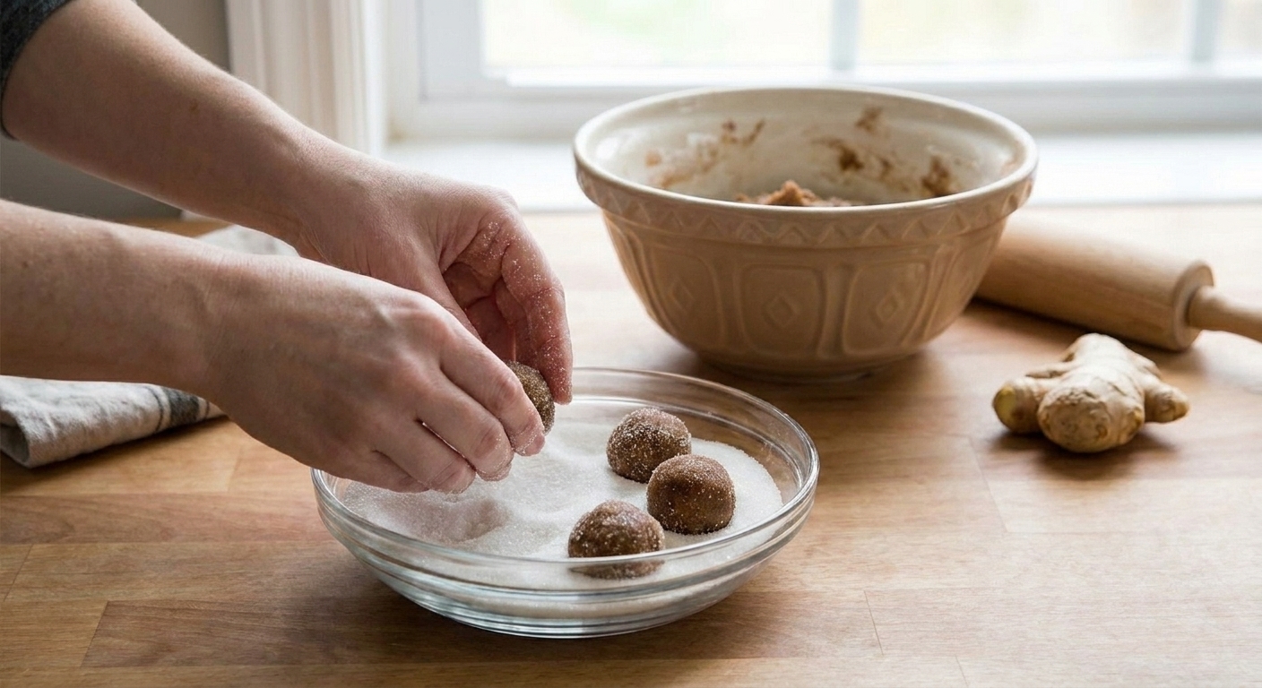 Hands rolling ginger cookie dough balls in a shallow bowl of granulated sugar on a kitchen counter