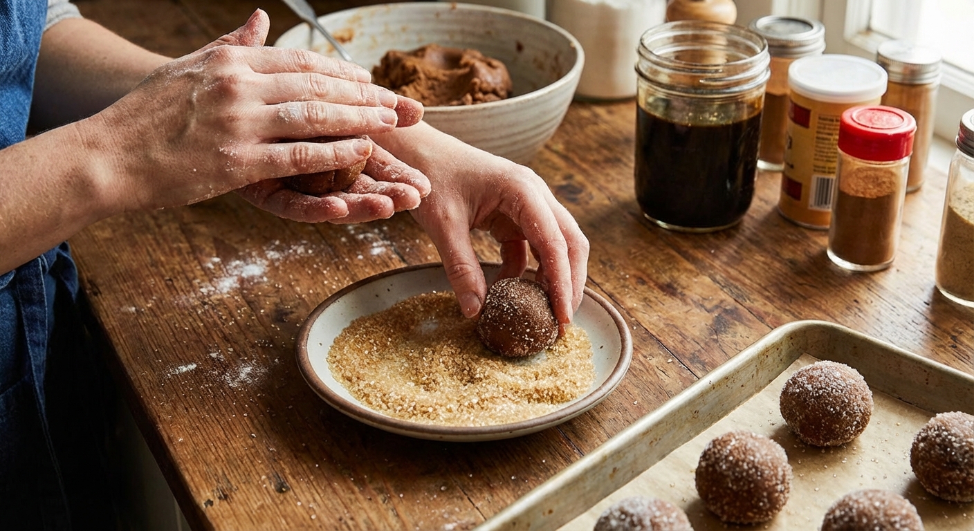 Hands rolling gingerbread cookie dough into balls and coating them in sugar on a small plate