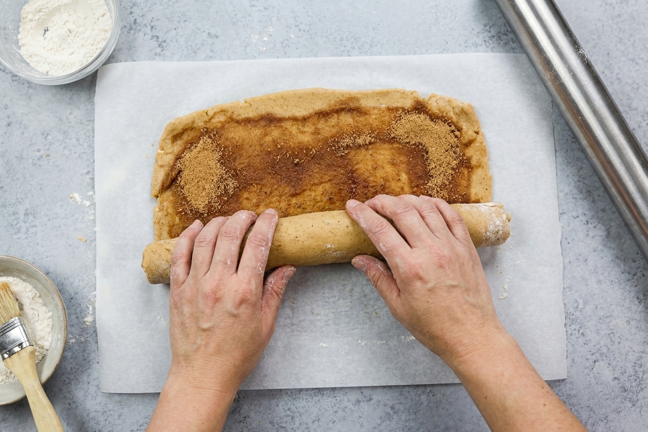 Hands rolling gluten free cinnamon roll dough into a tight log using parchment paper on a kitchen counter