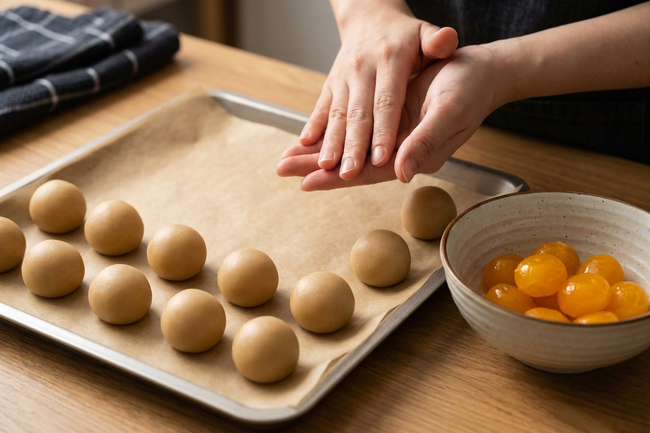 Hands rolling lotus seed paste into smooth balls on a parchment lined tray in a home kitchen