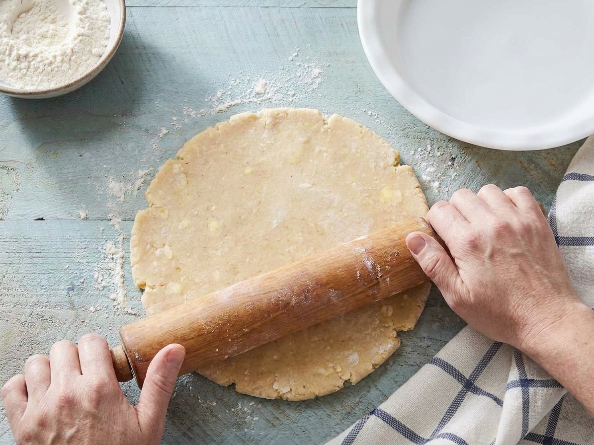 Hands rolling out a round of pastry dough with a wooden rolling pin on a lightly floured countertop