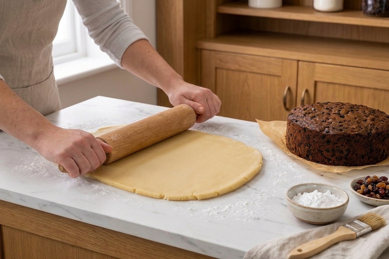 Hands rolling out a sheet of marzipan with a rolling pin on a lightly powdered counter, with a cooled fruitcake nearby