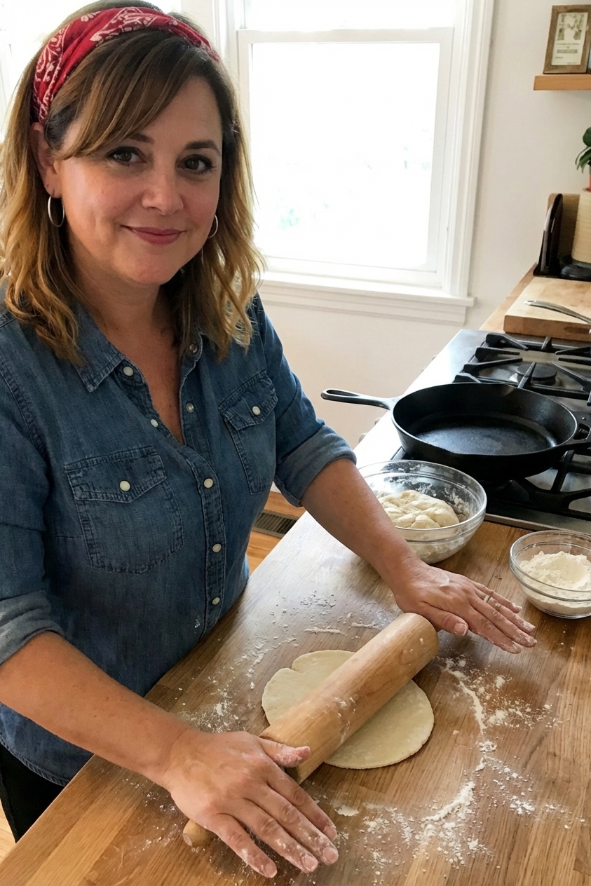 Hands rolling out a small round of tortilla dough on a lightly floured countertop with a rolling pin, simple home kitchen setting, photorealistic food photography