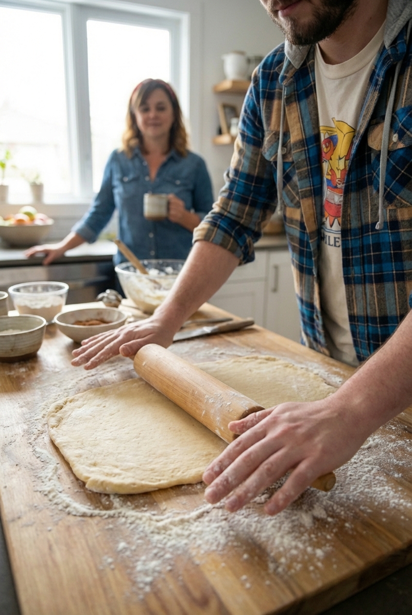 Hands rolling out cinnamon roll dough into a rectangle on a floured wooden counter with a rolling pin