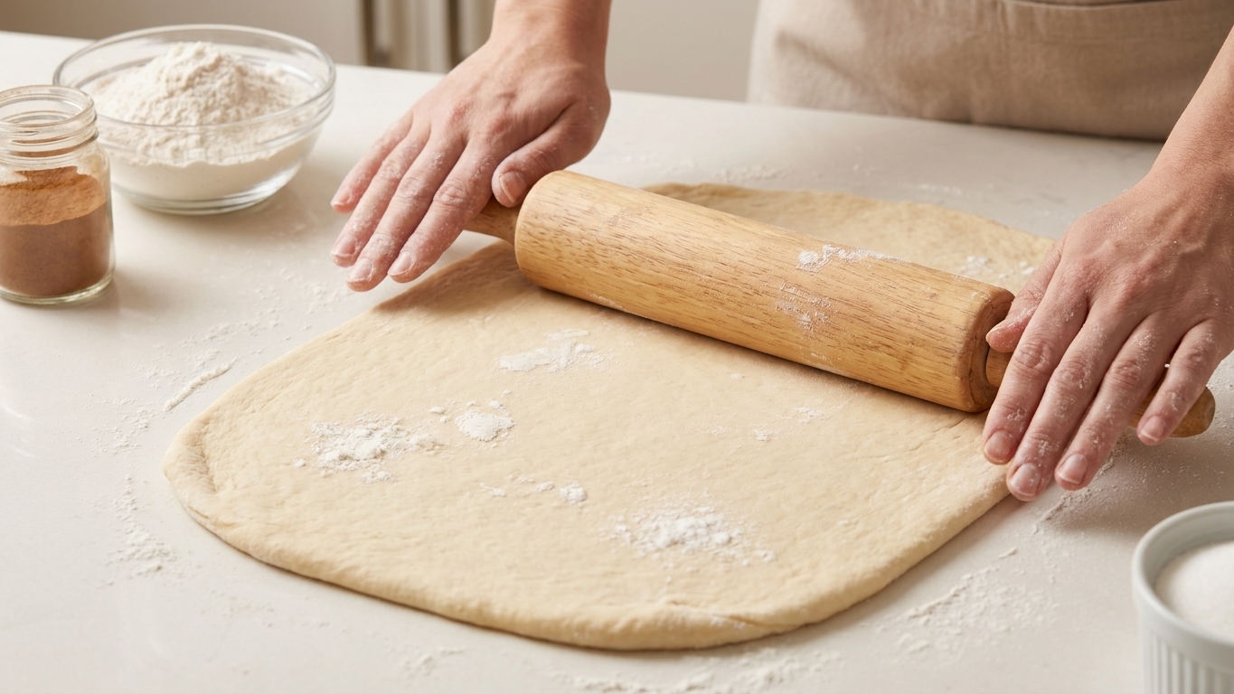 Hands rolling out cinnamon roll dough on a lightly floured countertop with a wooden rolling pin