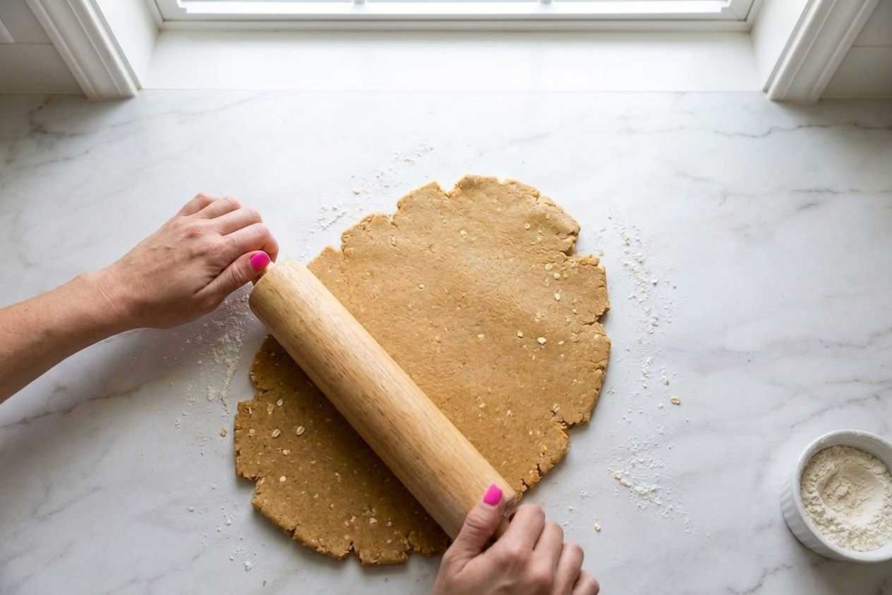 Hands rolling out dog biscuit dough with a rolling pin on a lightly floured kitchen counter
