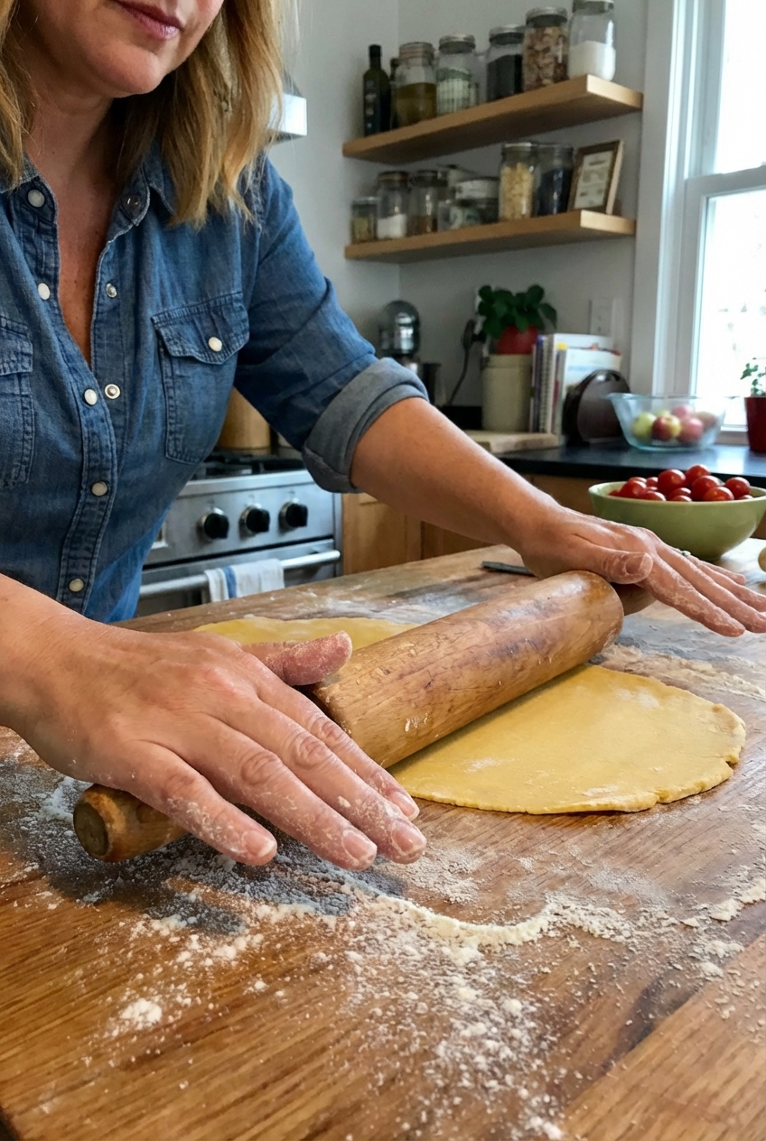 Hands rolling out fresh pasta dough on a floured countertop with a wooden rolling pin