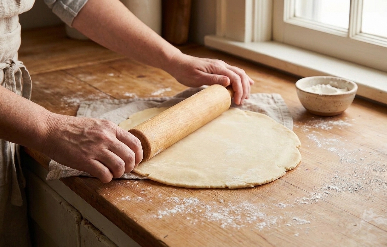 Hands rolling out pale pie dough on a lightly floured countertop with a wooden rolling pin
