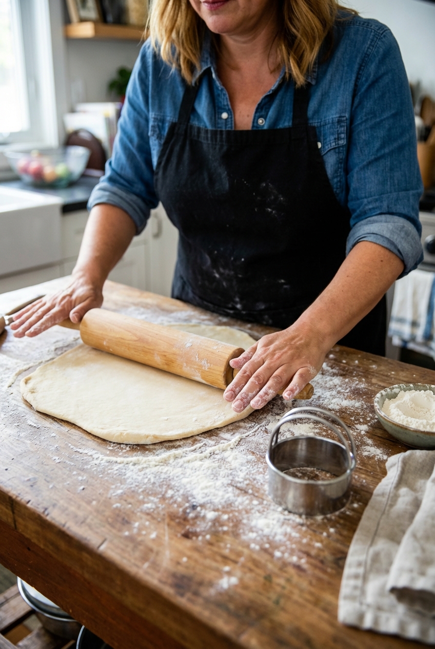 Hands rolling out perogy dough on a floured wooden countertop with a round cutter nearby