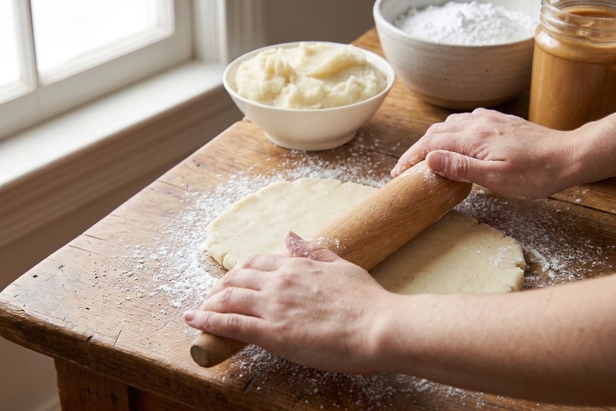 Hands rolling out potato candy dough on a powdered sugar dusted counter with a rolling pin