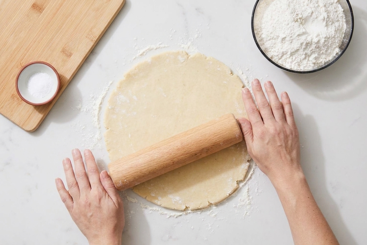 Hands rolling out quiche dough with a wooden rolling pin on a lightly floured kitchen counter
