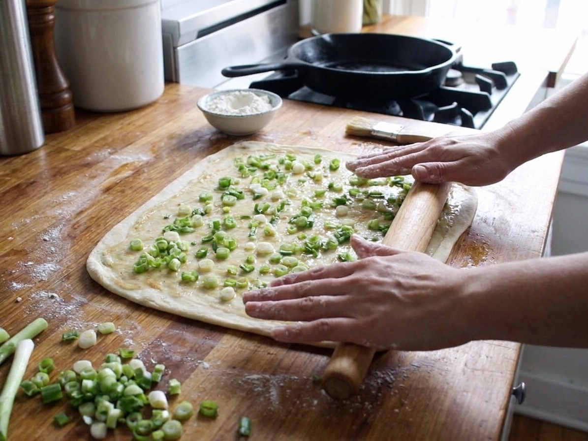 Hands rolling out scallion pancake dough on a lightly oiled countertop with scallions scattered across the surface