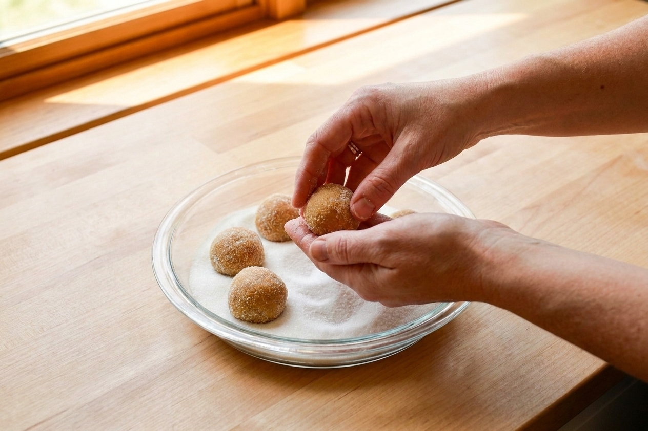 Hands rolling peanut butter cookie dough balls in a bowl of granulated sugar on a kitchen counter