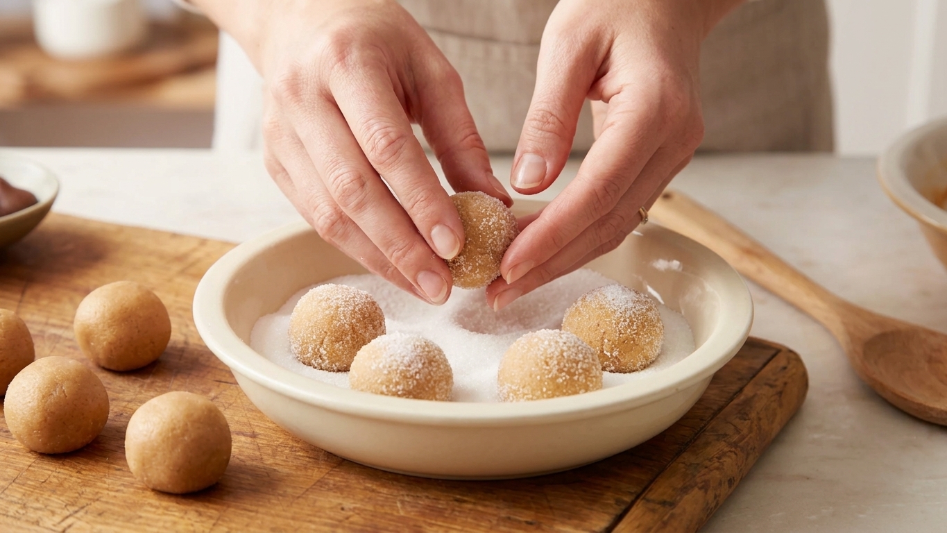 Hands rolling peanut butter cookie dough balls in a shallow bowl of granulated sugar on a light kitchen counter