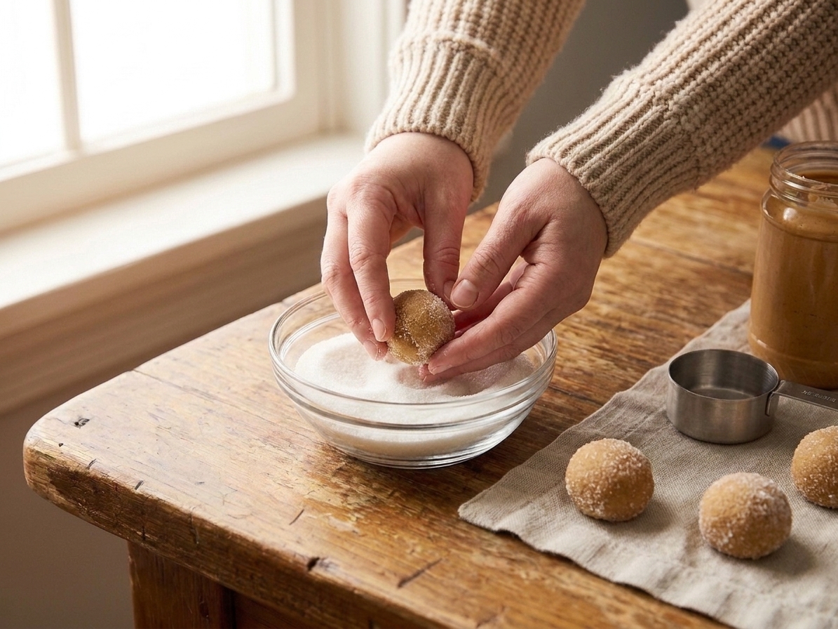 Hands rolling peanut butter cookie dough balls in a bowl of granulated sugar on a kitchen counter