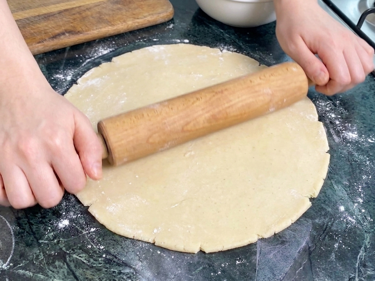 Hands rolling pie dough into a large circle with a rolling pin on a lightly floured kitchen counter