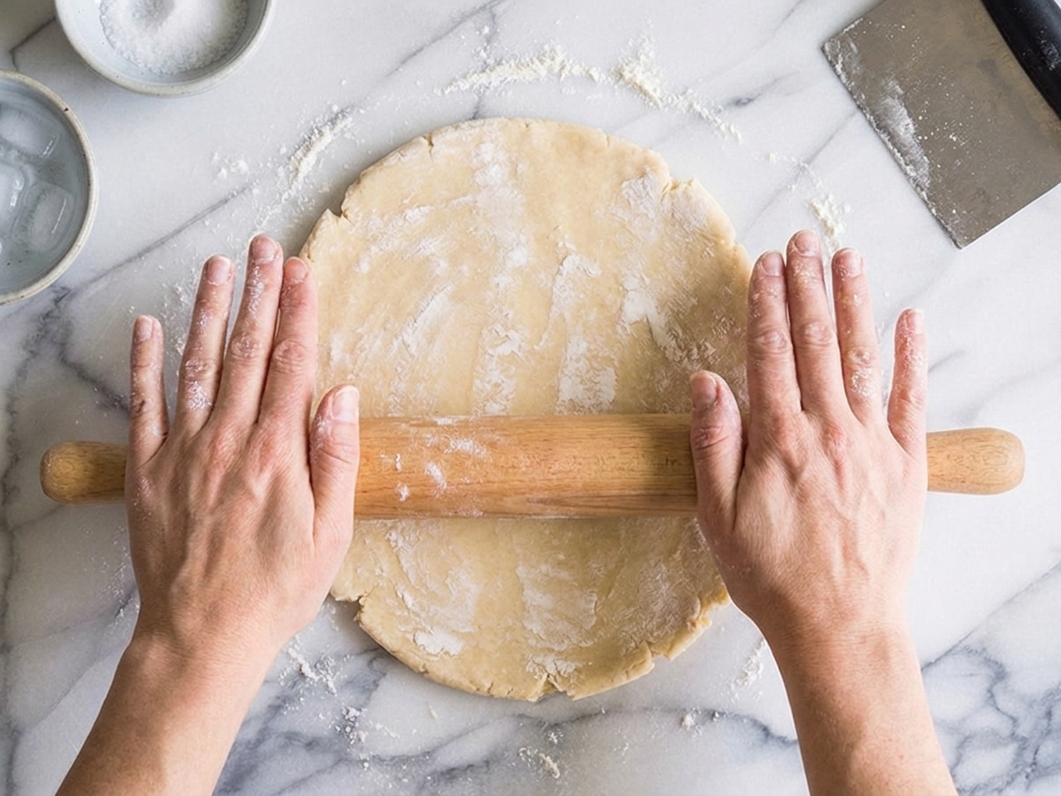 Hands rolling pie dough with a wooden rolling pin on a lightly floured stone countertop