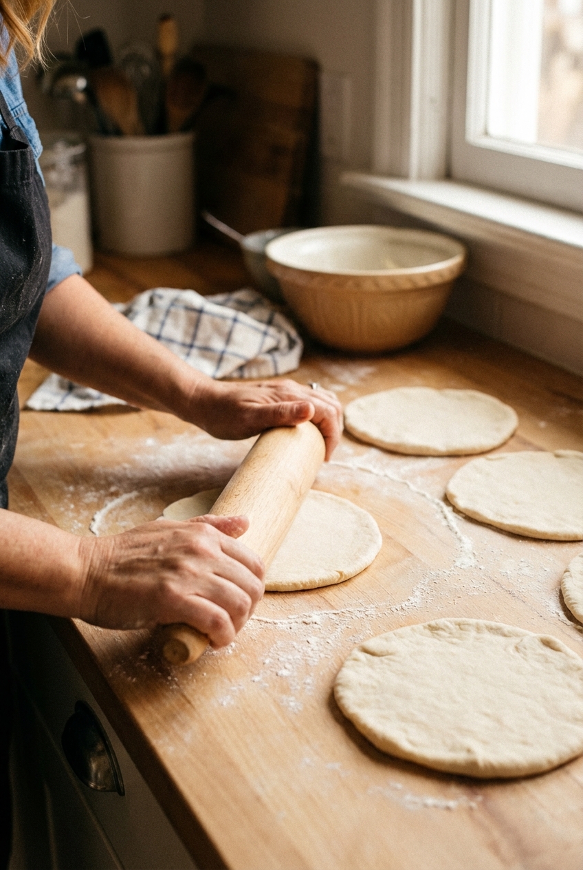 Hands rolling pita dough rounds on a lightly floured countertop with a rolling pin