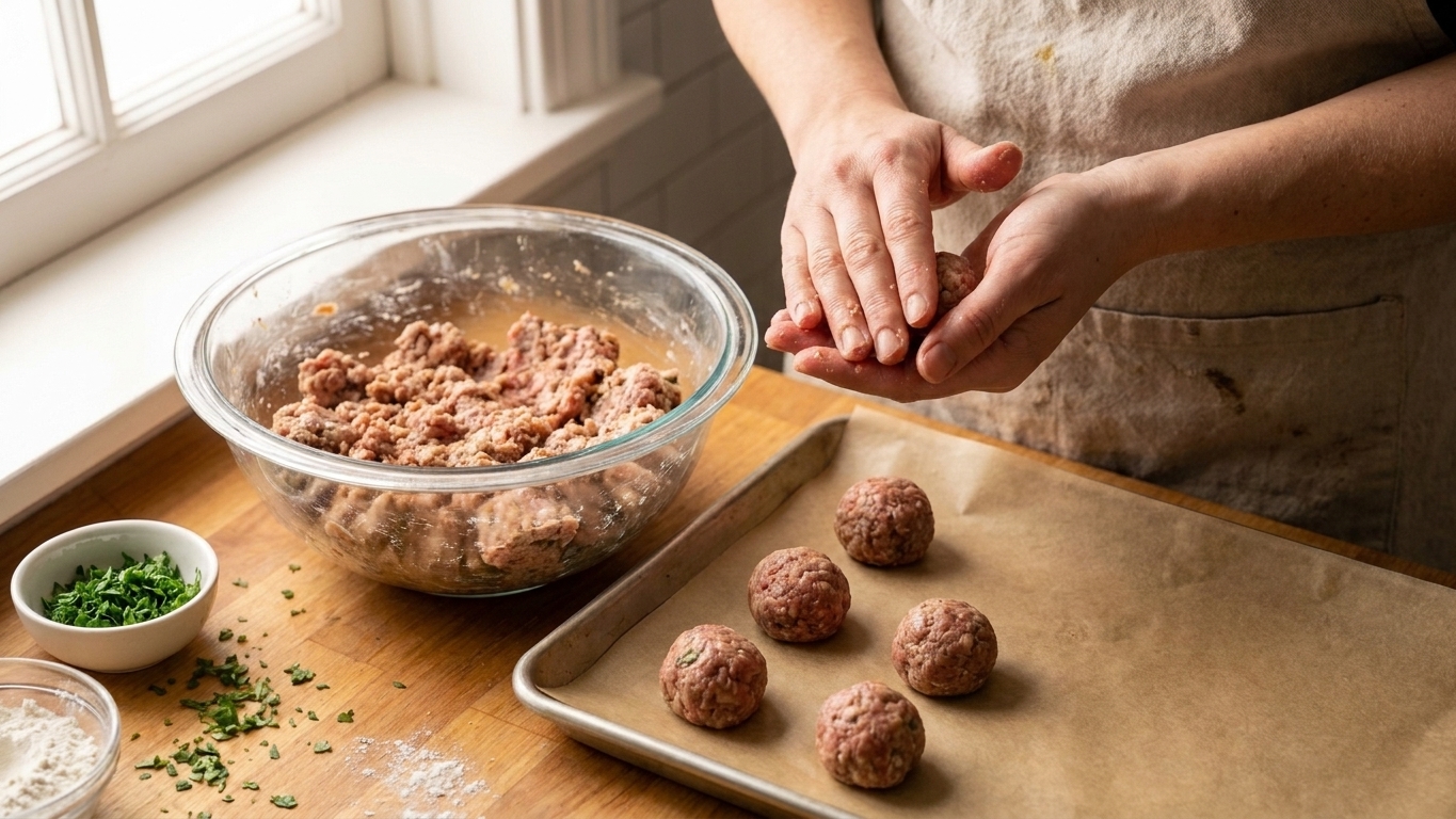 Hands rolling raw Swedish meatball mixture into small balls on a parchment-lined baking sheet on a kitchen counter