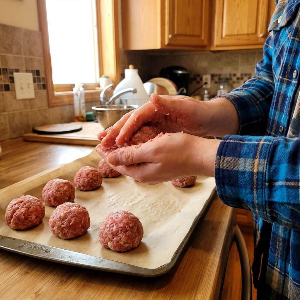 Hands rolling raw meatball mixture into balls on a parchment-lined baking sheet