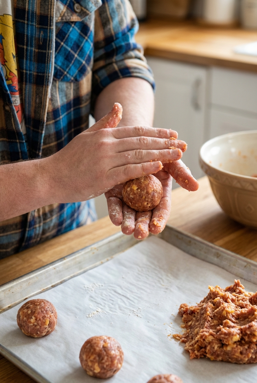Hands rolling raw sausage ball mixture into a smooth ball over a parchment lined baking sheet