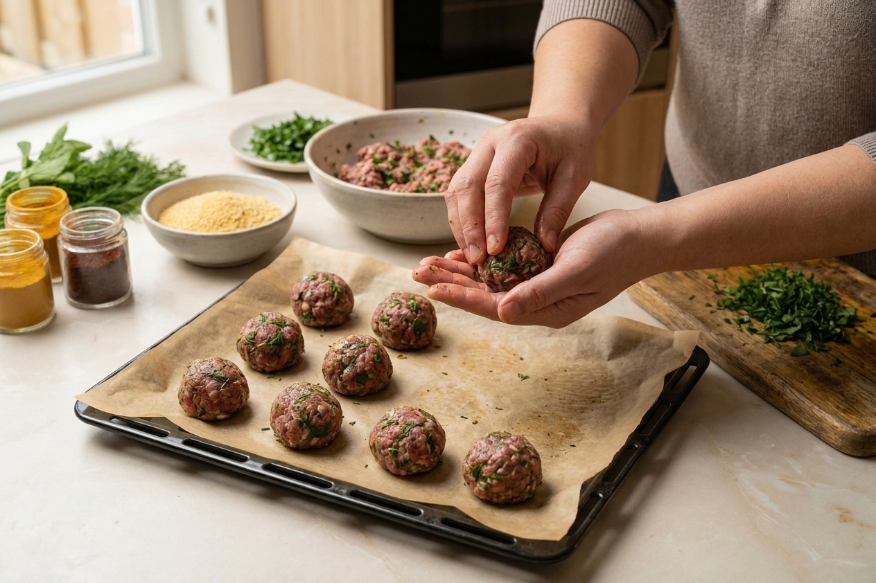 Hands rolling seasoned lamb mixture into meatballs on a parchment-lined baking sheet in a home kitchen