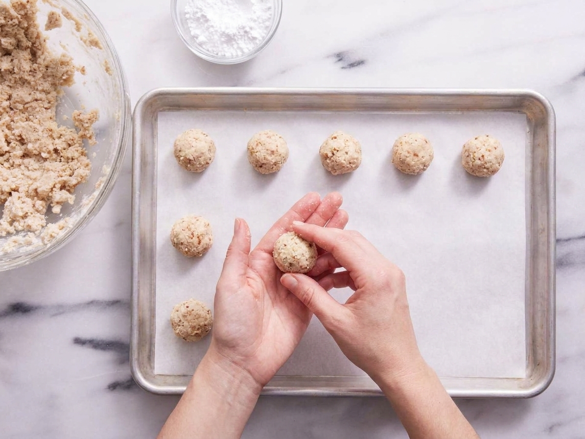 Hands rolling small balls of pecan cookie dough on a parchment-lined baking sheet on a kitchen counter