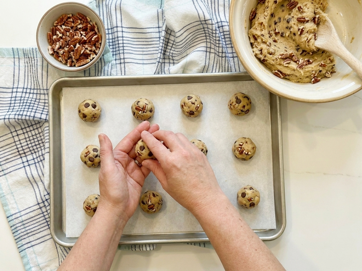 Hands rolling small cookie dough balls and spacing them on a parchment lined baking sheet in a warm home kitchen