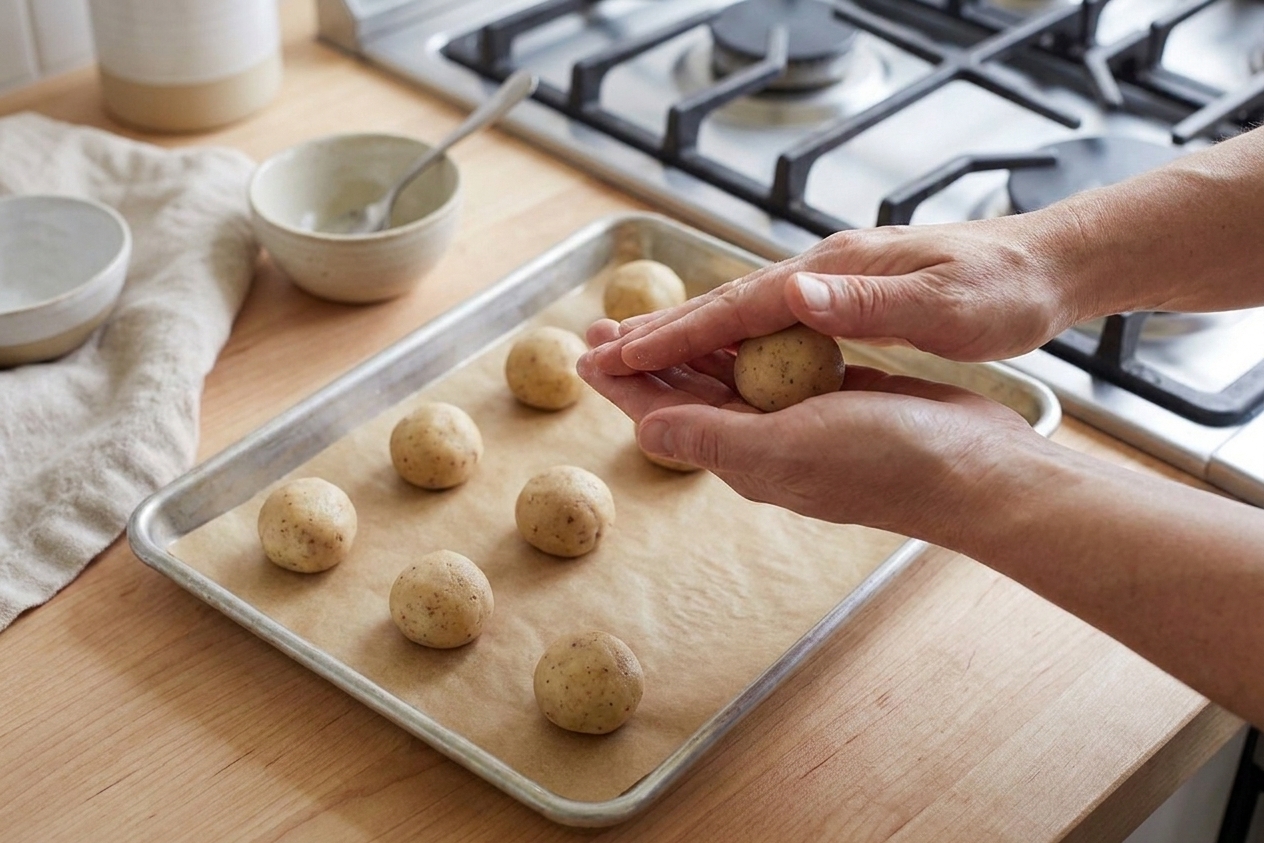 Hands rolling small cookie dough balls on a parchment-lined baking sheet on a kitchen counter