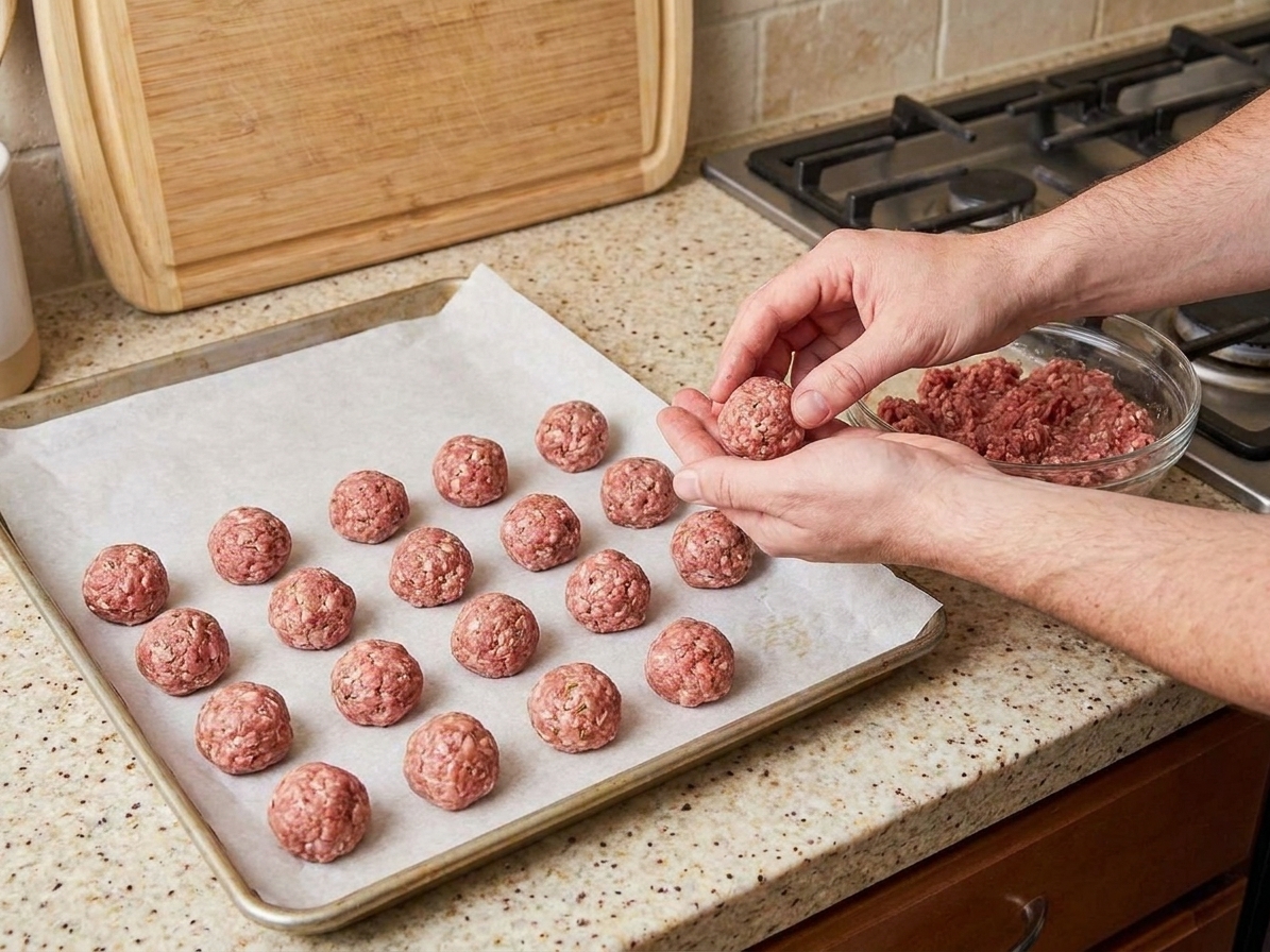 Hands rolling small meatballs and placing them in neat rows on a parchment-lined baking sheet on a kitchen counter