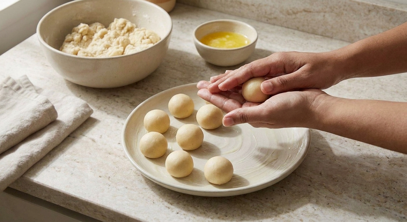 Hands rolling small smooth gulab jamun dough balls on a lightly greased plate on a home kitchen counter