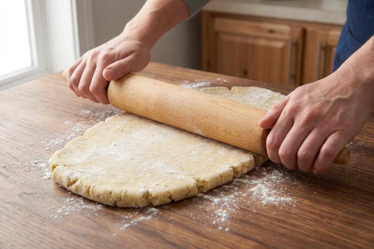 Hands rolling stiff hardtack dough with a wooden rolling pin on a lightly floured countertop
