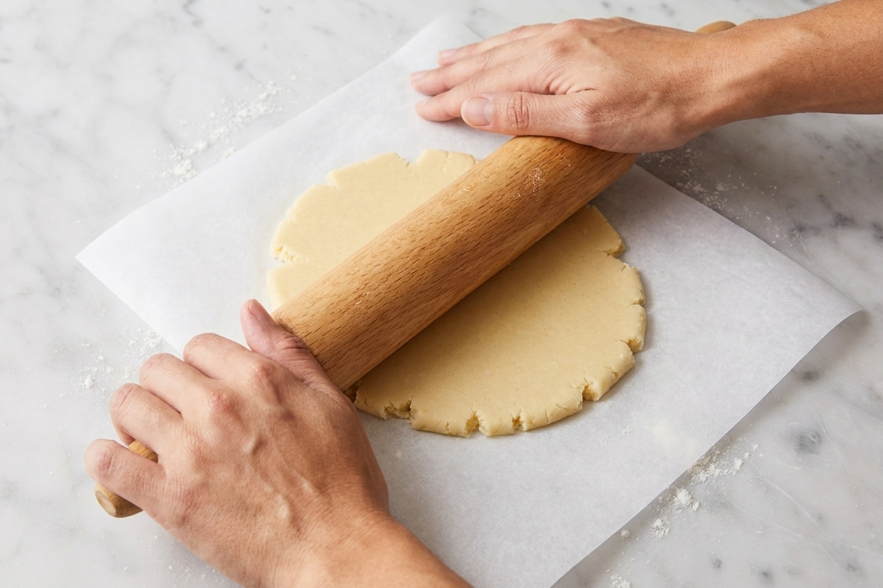 Hands rolling sugar cookie dough between sheets of parchment on a lightly floured kitchen counter