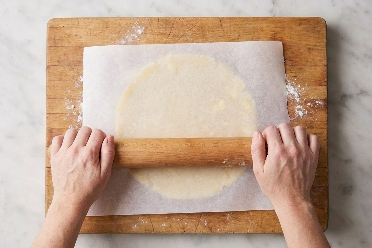 Hands rolling sugar cookie dough between two sheets of parchment paper on a kitchen counter