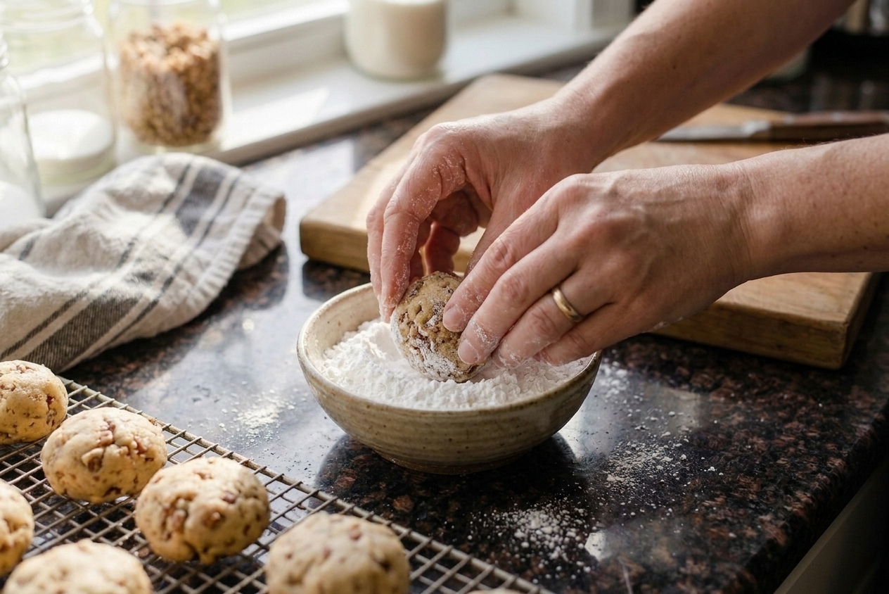 Hands rolling warm round cookies in a shallow bowl of powdered sugar on a kitchen counter