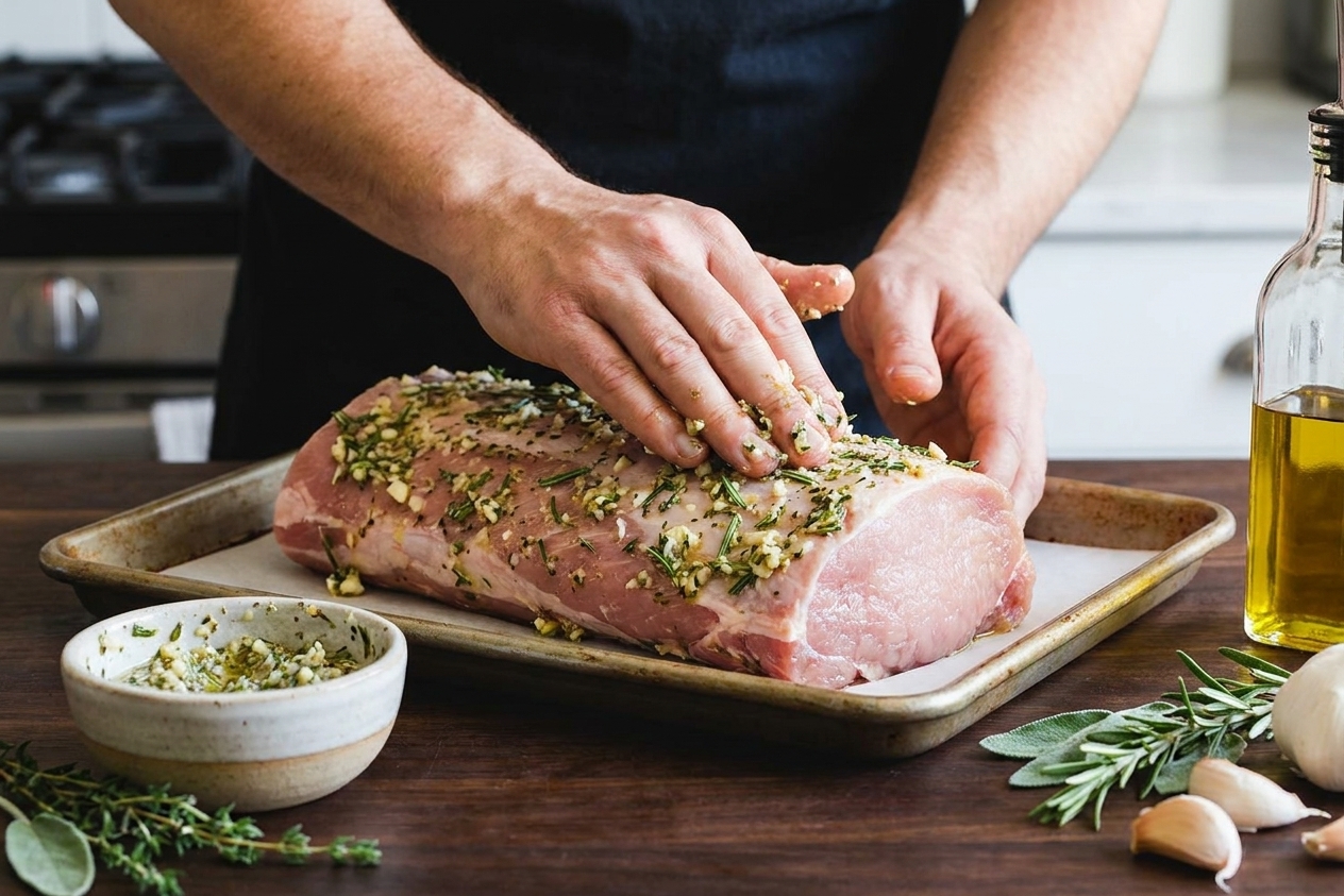 Hands rubbing a garlic and herb paste over a raw boneless pork loin on a rimmed baking sheet on a home kitchen counter