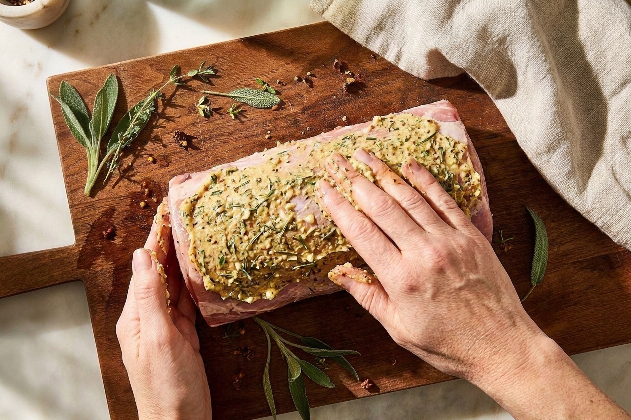 Hands rubbing a garlic herb Dijon paste over a raw pork loin roast on a cutting board