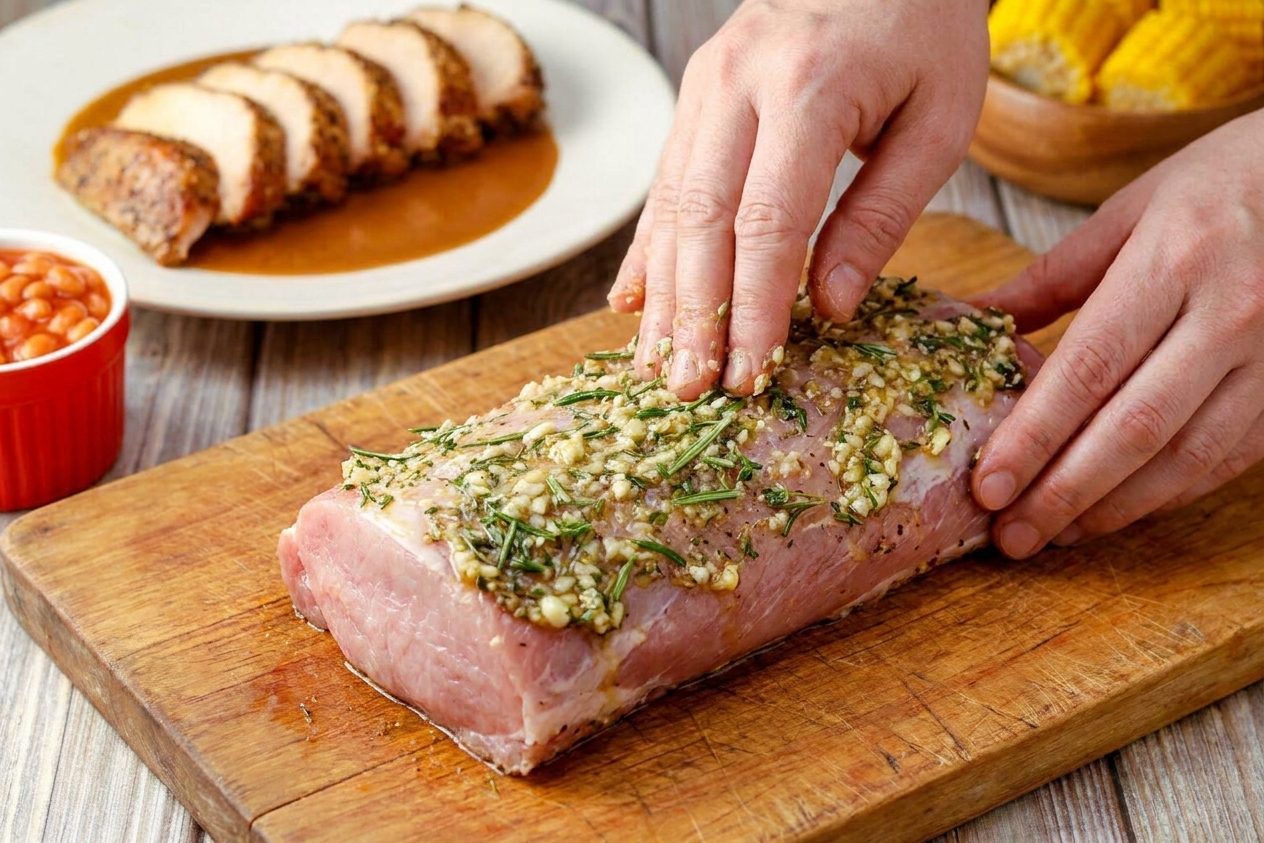 Hands rubbing a garlic herb seasoning paste over a raw pork loin on a cutting board