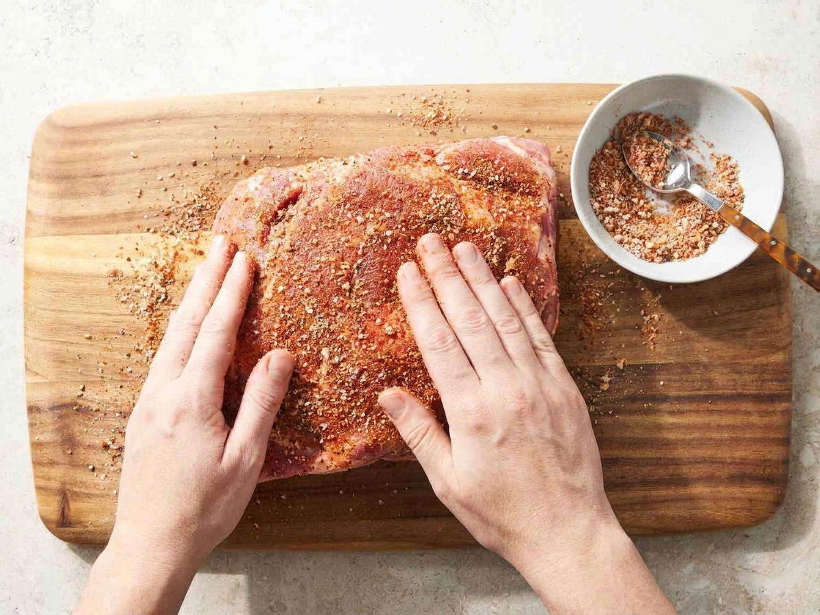 Hands rubbing a spice mixture onto a pork butt roast on a wooden cutting board in a home kitchen