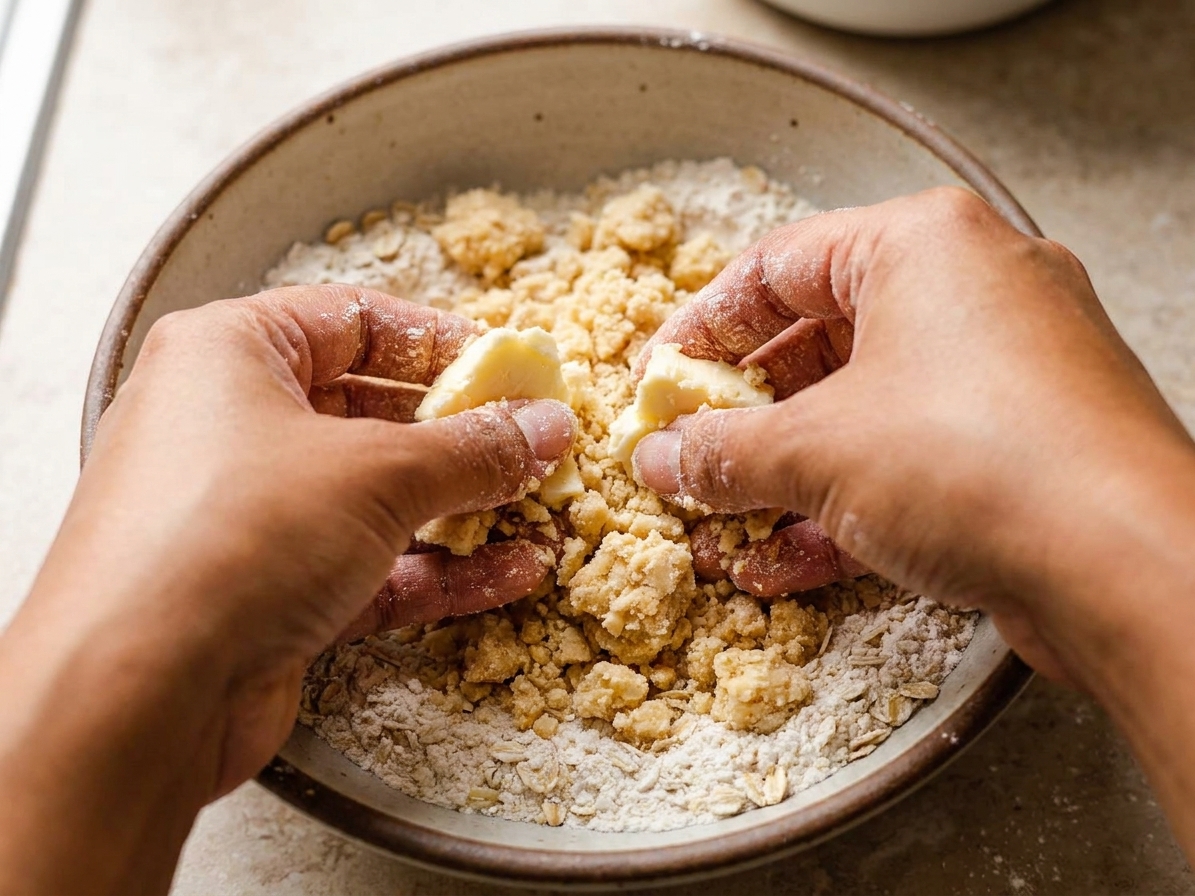 Hands rubbing cold butter into a flour and oat mixture in a ceramic bowl to form crumbly clusters