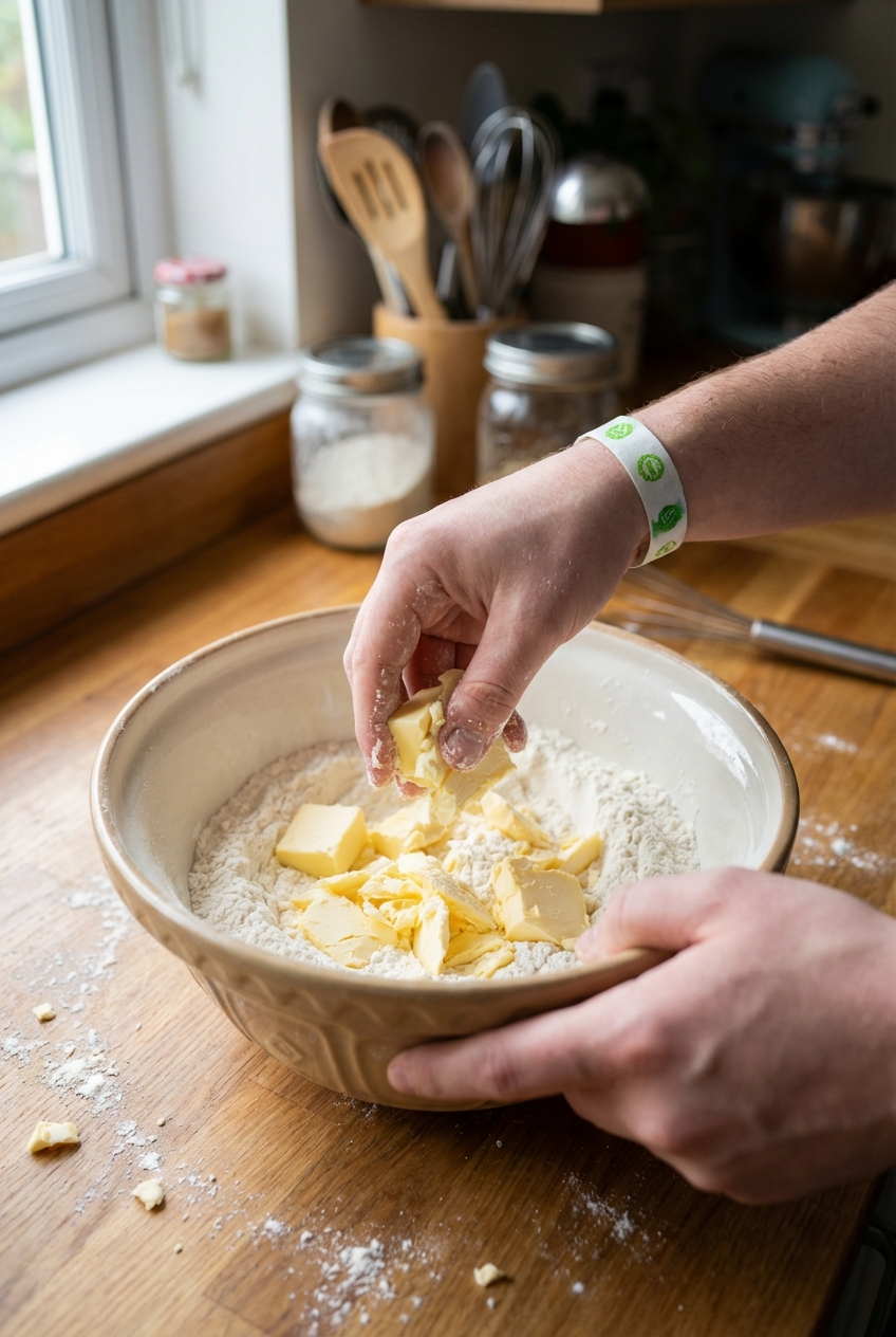 Hands rubbing cold butter into flour in a mixing bowl on a kitchen counter