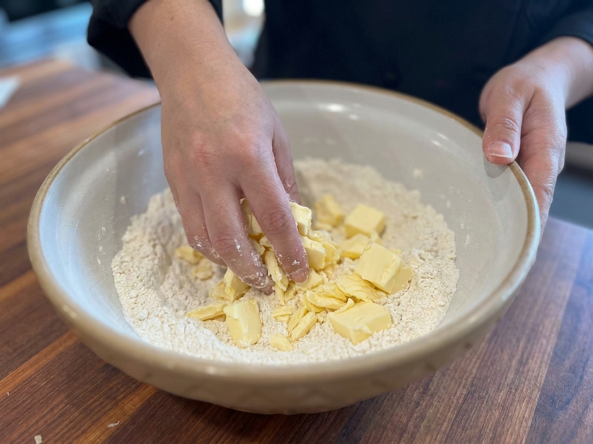 Hands rubbing cold butter into flour in a mixing bowl to make tart dough