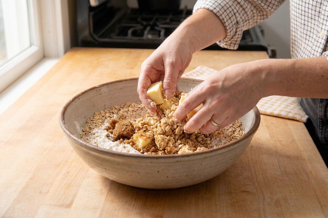 Hands rubbing cold butter into oats, flour, and brown sugar in a large mixing bowl to form crumbly clusters