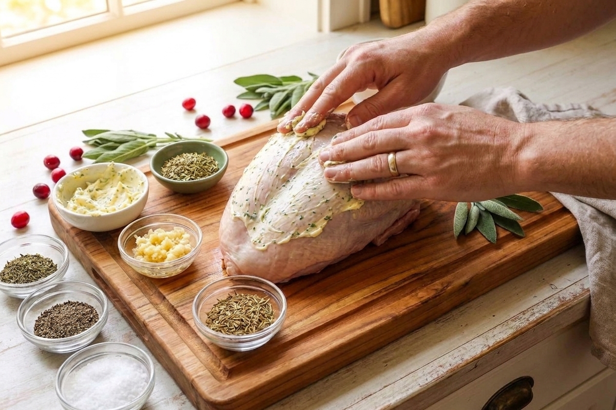 Hands rubbing garlic herb butter over a raw turkey breast on a cutting board in a home kitchen